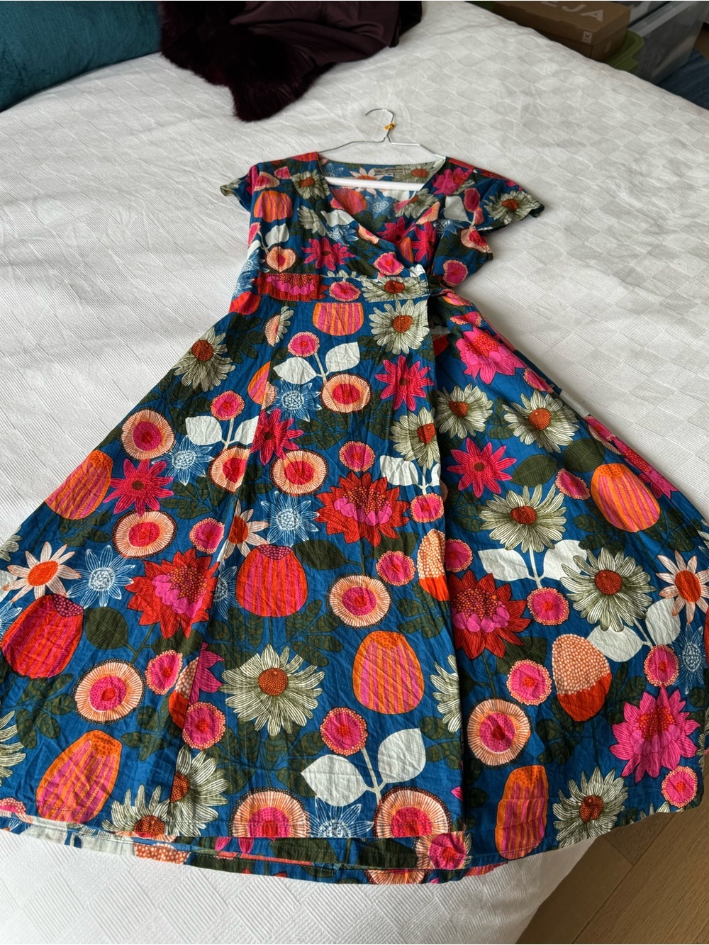 Floral Wrap 60’s Style Dress in Blue and Pink
